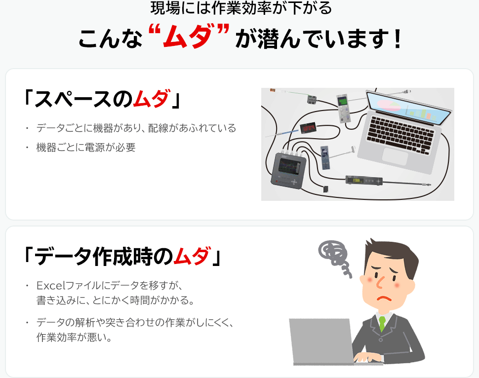 現場には作業効率が下がるこんな“ムダ”が潜んでいます！　「スペースのムダ」　「データ作成時のムダ」