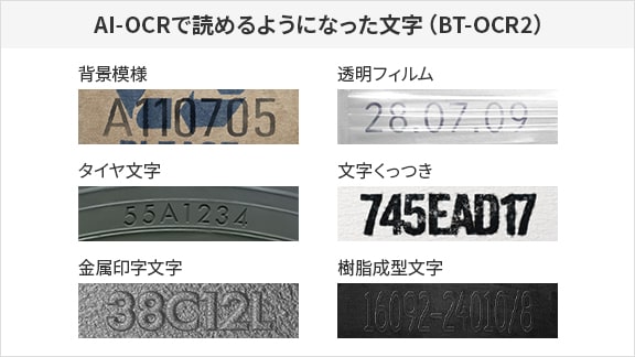 AI-OCRで読めるようになった文字（BT-OCR2）：背景模様 / 透明フィルム / タイや文字 / 文字くっつき / 金属印字文字 / 樹脂成型文字