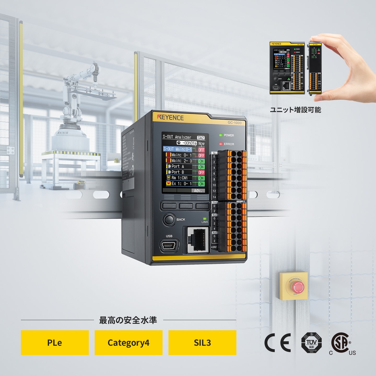 最高の安全水準：PLe,Category4,SIL3 ユニット増設可能 CEマーキング,TUV SUD,UL認証