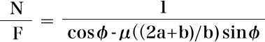 \frac{N}{F} = \frac{1}{\cos \phi - \mu((2a + b) / b) \sin \phi}