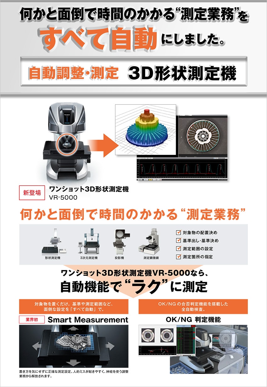 何かと面倒で時間のかかる“測定業務”をすべて自動にしました。自動調整・測定[新登場]ワンショット3D形状測定機VR-5000 | キーエンス