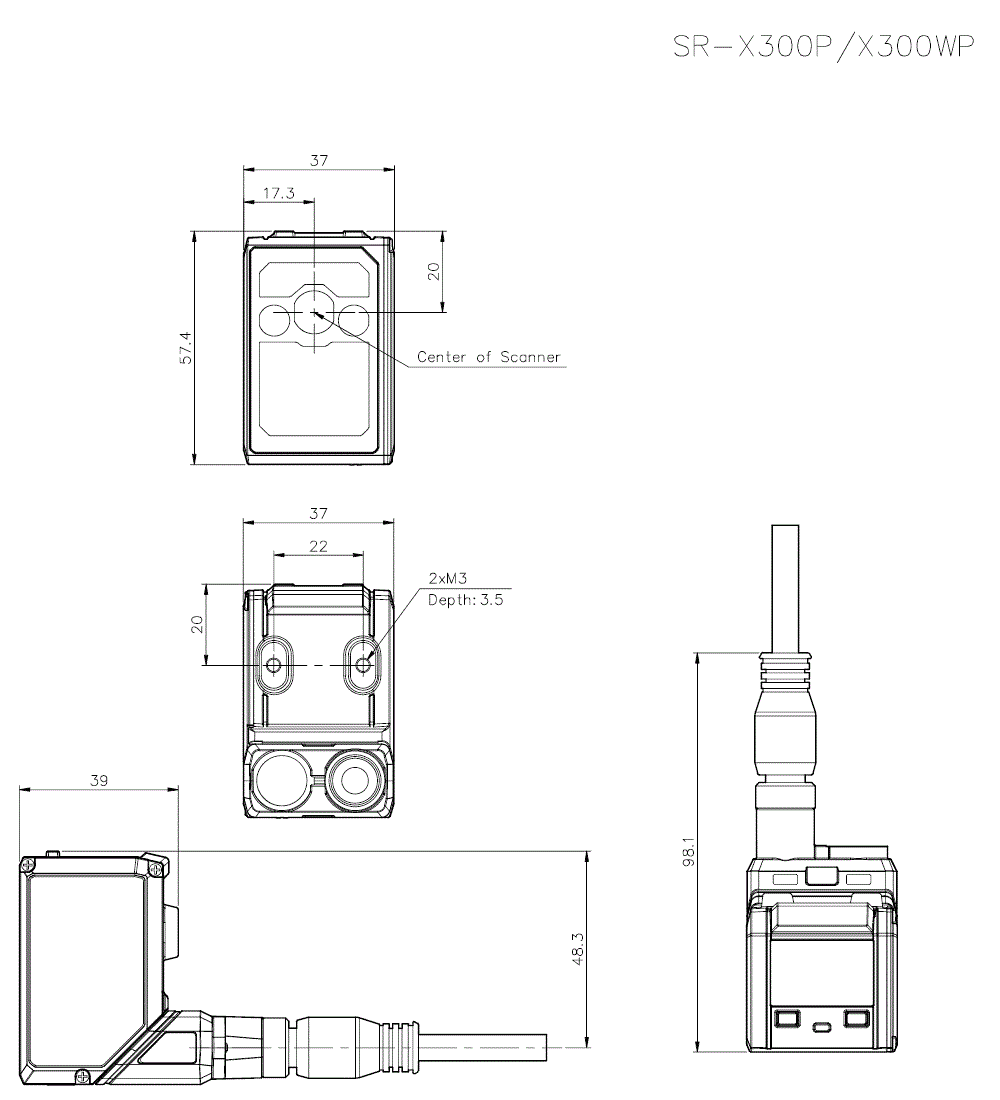 SR-X300P(Rotated)/Cable Dimension